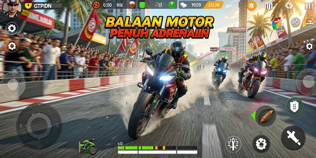 Tangkapan layar GTPIDN menunjukkan aksi balapan motor yang mendebarkan.