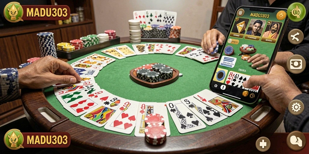 Tampilan gameplay seru MADU303 dengan aksi Gaple yang mendebarkan.