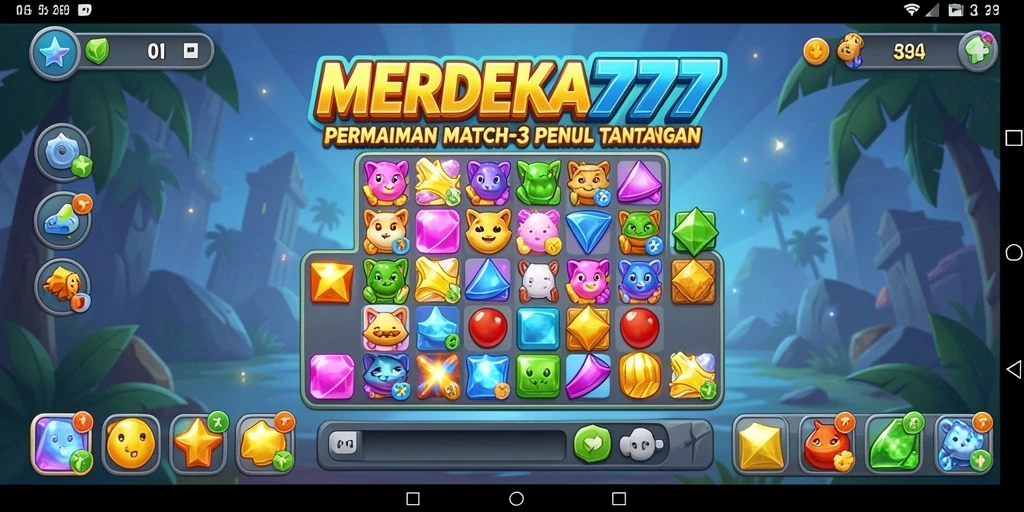 Tangkapan layar gameplay <strong>MERDEKA777</strong> yang menampilkan elemen Match-3 yang menarik.