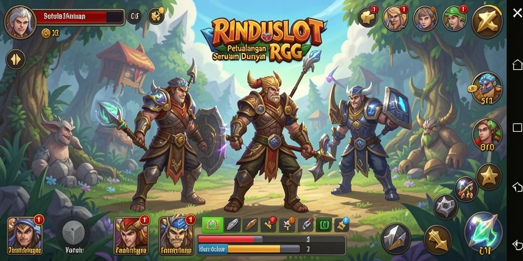 Tampilan gameplay RINDUSLOT yang menampilkan pertarungan epik dan petualangan seru.
