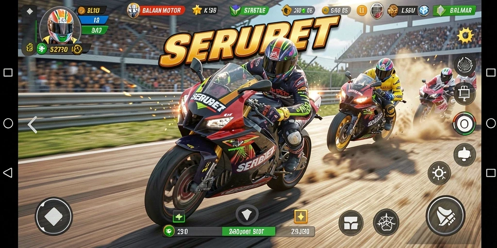 Gameplay SERUBET yang mendebarkan dengan balapan motor cepat.